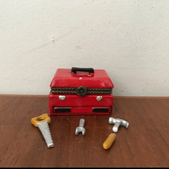 Vintage 1950's Red Toolbox Hinged Trinket Box With Saw Wrench Tools Charms Mini - Picture 1 of 9